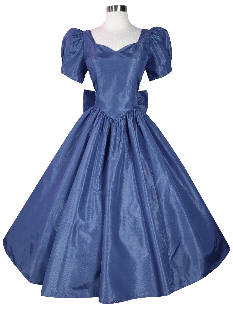 Vintage 80s Blue Tiered Back Bow Taffeta Full Skirt Prom Gown Party Dress Xs S